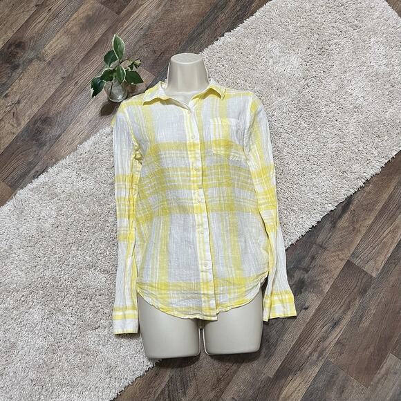 Lucky Brand Size Small Yellow White Plaid Button Down Linen Blend Top - Picture 1 of 5